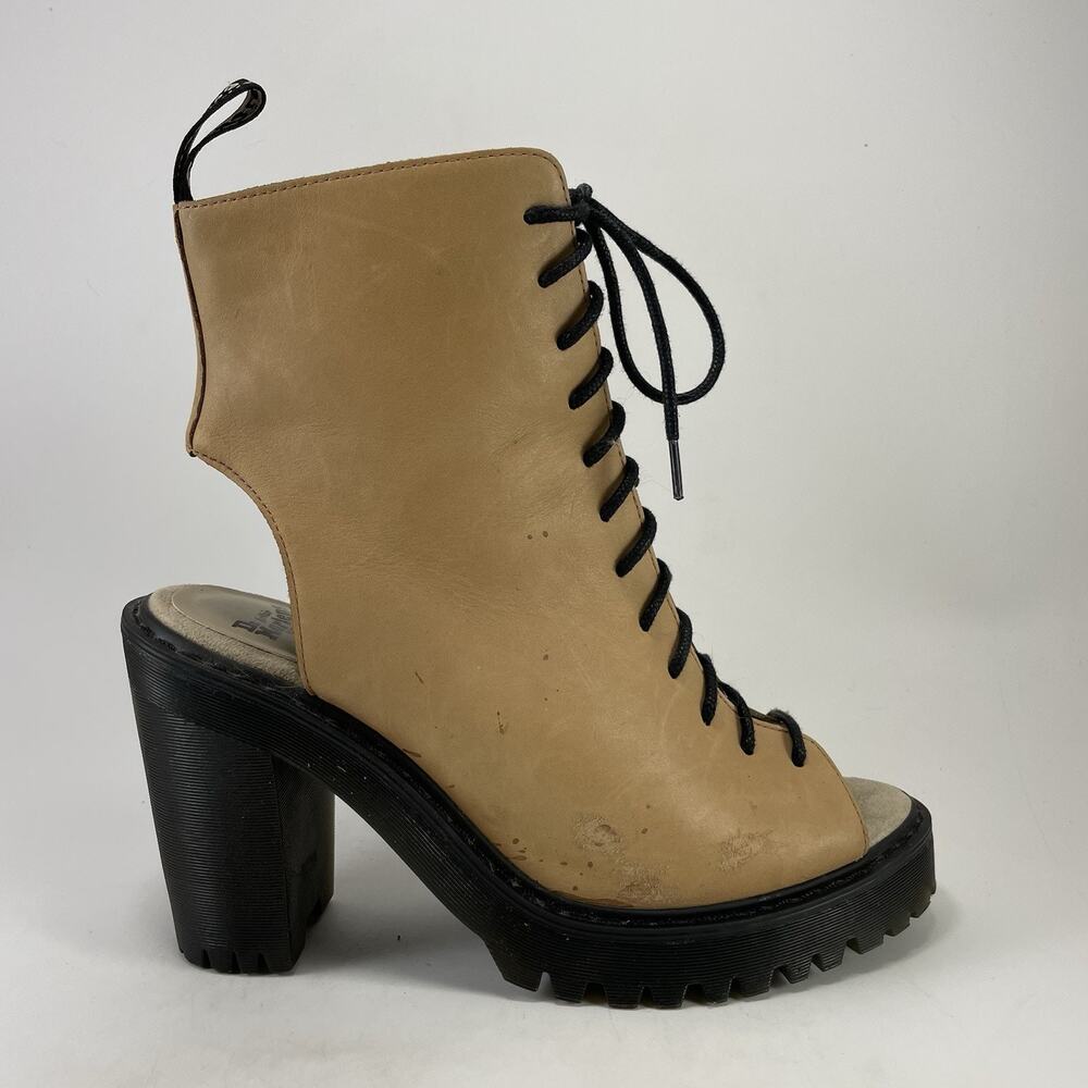Dr. Martens Carmelita Tan Leather Heeled Boots Womens Size 8 Open Toe Lace Up